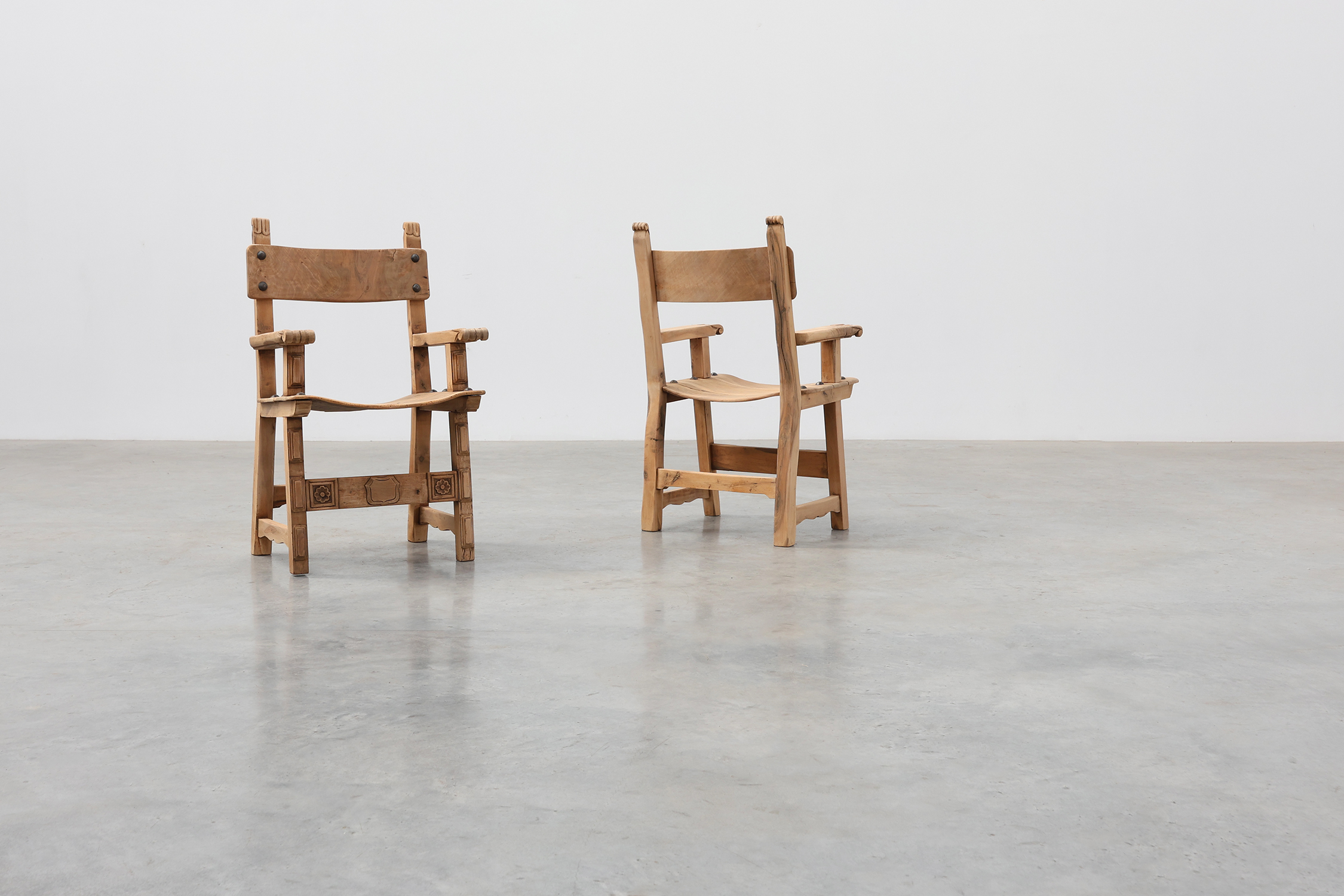 Pair of Brutalist Armchairs with Carved Rosettes and Nailed Wooden Seats, Spain, 20th Centurythumbnail